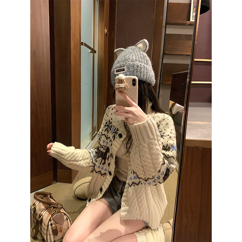 NAYA CHAN 冬日费尔岛 圣诞麋鹿粗线针织立领毛衣开衫针织外套女