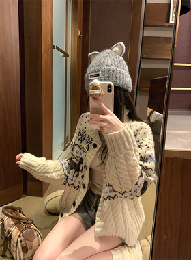 NAYA CHAN 冬日费尔岛 圣诞麋鹿粗线针织立领毛衣开衫针织外套女