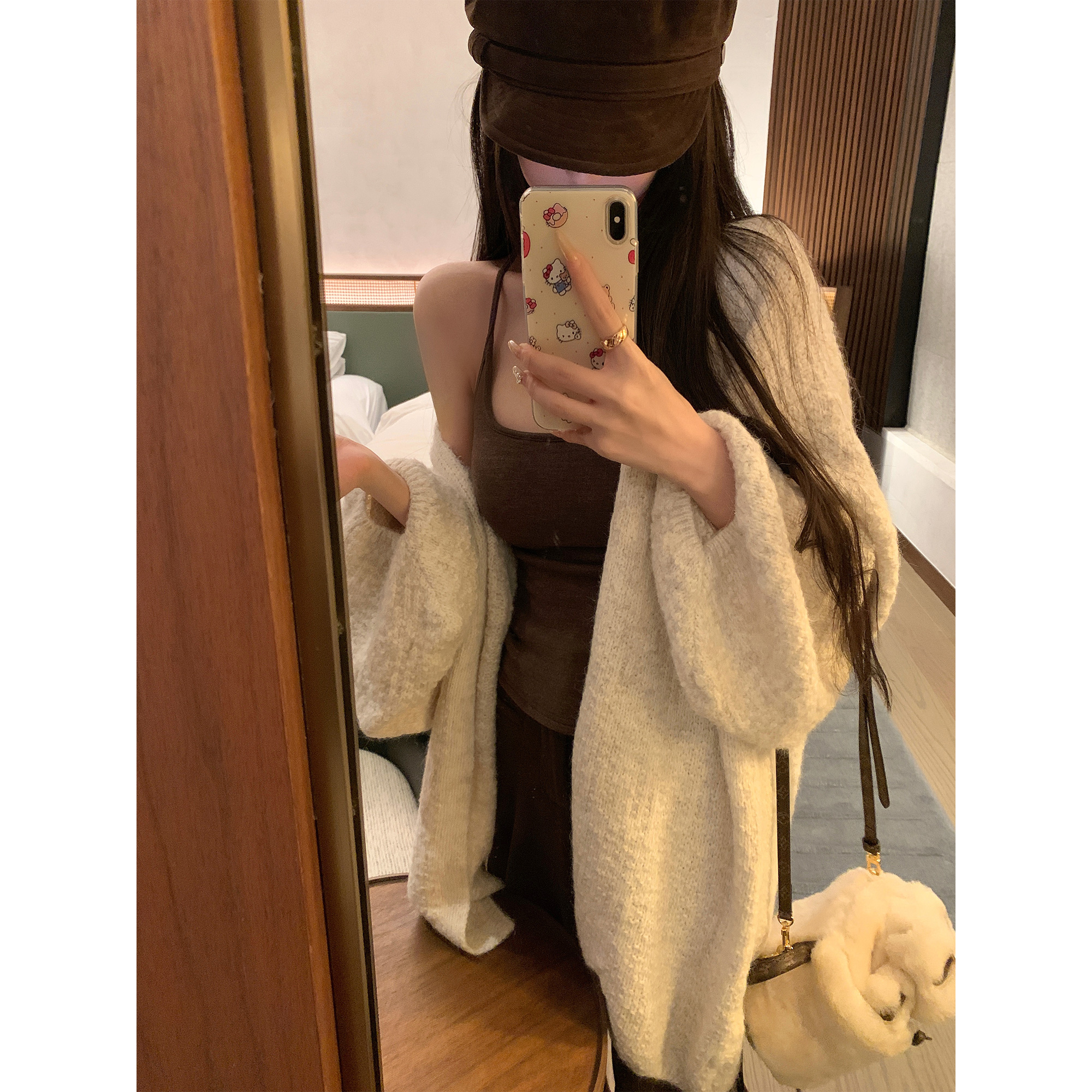 NAYA CHAN  慵懒风中长款针织开衫女秋冬新款菠萝纹加厚毛织外套