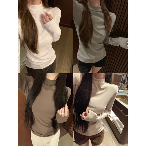 NAYA CHAN 刚需bi入 灰白色半高领内搭打底衫女修身正肩长袖T恤