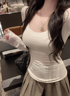 NAYA CHAN 2025秋冬新款掐腰u领长袖T恤黑白色内搭打底修身上衣女