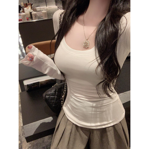 NAYA CHAN 2025秋冬新款掐腰u领长袖T恤黑白色内搭打底修身上衣女