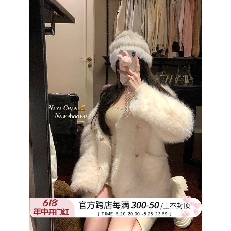 NAYA CHAN小灵狐仿托斯卡纳皮毛一体皮草外套女冬季中长款大衣