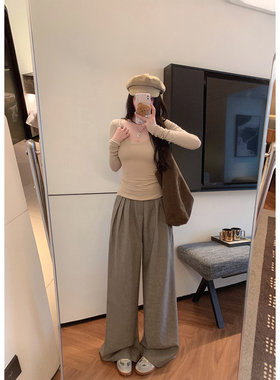 NAYA CHAN 秋冬天新品压褶卡其灰色阔腿直筒休闲西装拖地长裤子女