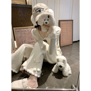 高腰显瘦宽松直筒长裤 NAYA 女冬季 蝴蝶结毛球加绒针织阔腿裤 CHAN