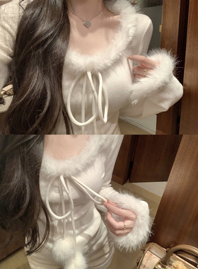 NAYA CHAN 温暖毛领气质长袖高级感绑带针织修身内搭打底T恤上衣