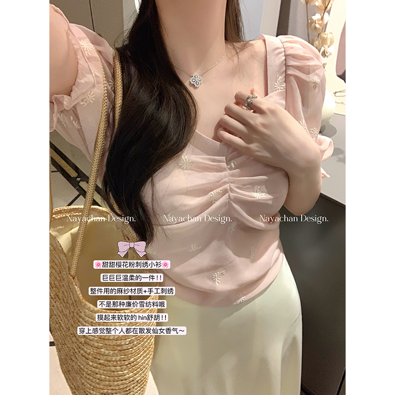 NAYA CHAN 小花刺绣暗纹泡泡袖麻纱小衫雪纺衬衫女夏季设计感上衣