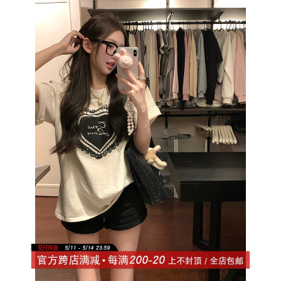 NAYA CHAN 心动情书 爱心印花杂色点点宽松短袖大T恤女夏休闲上衣