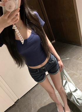 NAYA CHAN 深蓝色卷边牛仔短裤女2025夏季新款薄款低腰热裤