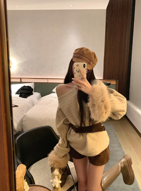 NAYA CHAN 秋冬新款毛毛袖口毛衣女秋冬新款斜肩宽松慵懒感上衣