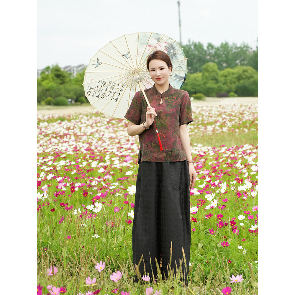 【林典】龟裂纹香云纱中式古画直版桑蚕丝女装上衣T恤679-1
