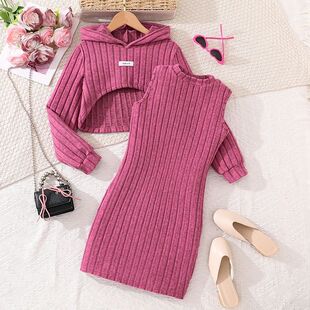 Crop Knit Piece Raspberry Girls Set Hooded Ribbed