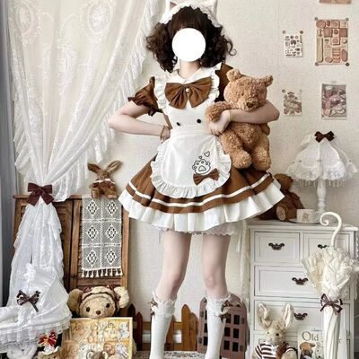 Cute Cat Restaurant Lolita Maid Dress Short Sleeve Brown Whi