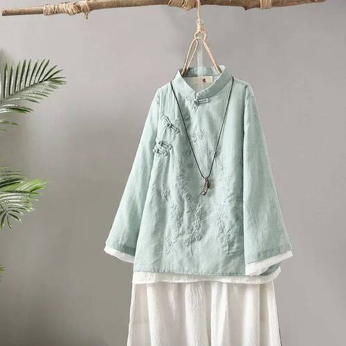 Summer  Chinese Zen Loose Round Neck Embroidered Linen Shirt
