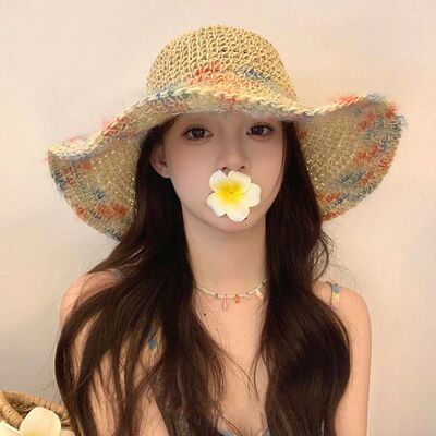 Summer colorful woven straw hat for seaside vacation, breath