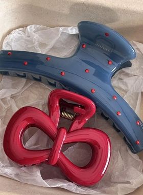 2Pcs/set Vintage Blue Polka Dot Red Bow Hair Clip Shark Claw