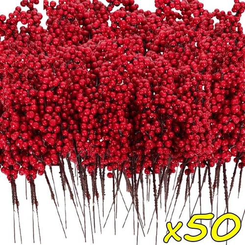50/1branch Christmas Artificial Berries Stem Red Holly Berry