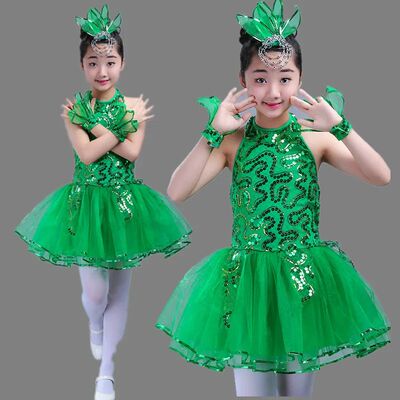 Children Stage Dance Grass Performance Clothing Green Puffy