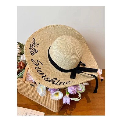 13cm wide brim straw hat Women's Beach cap Foldable Sunshade