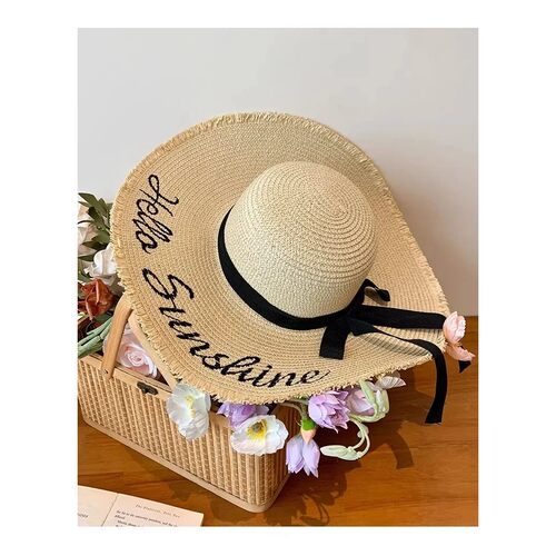 13cm wide brim straw hat Women's Beach cap Foldable Sunshade