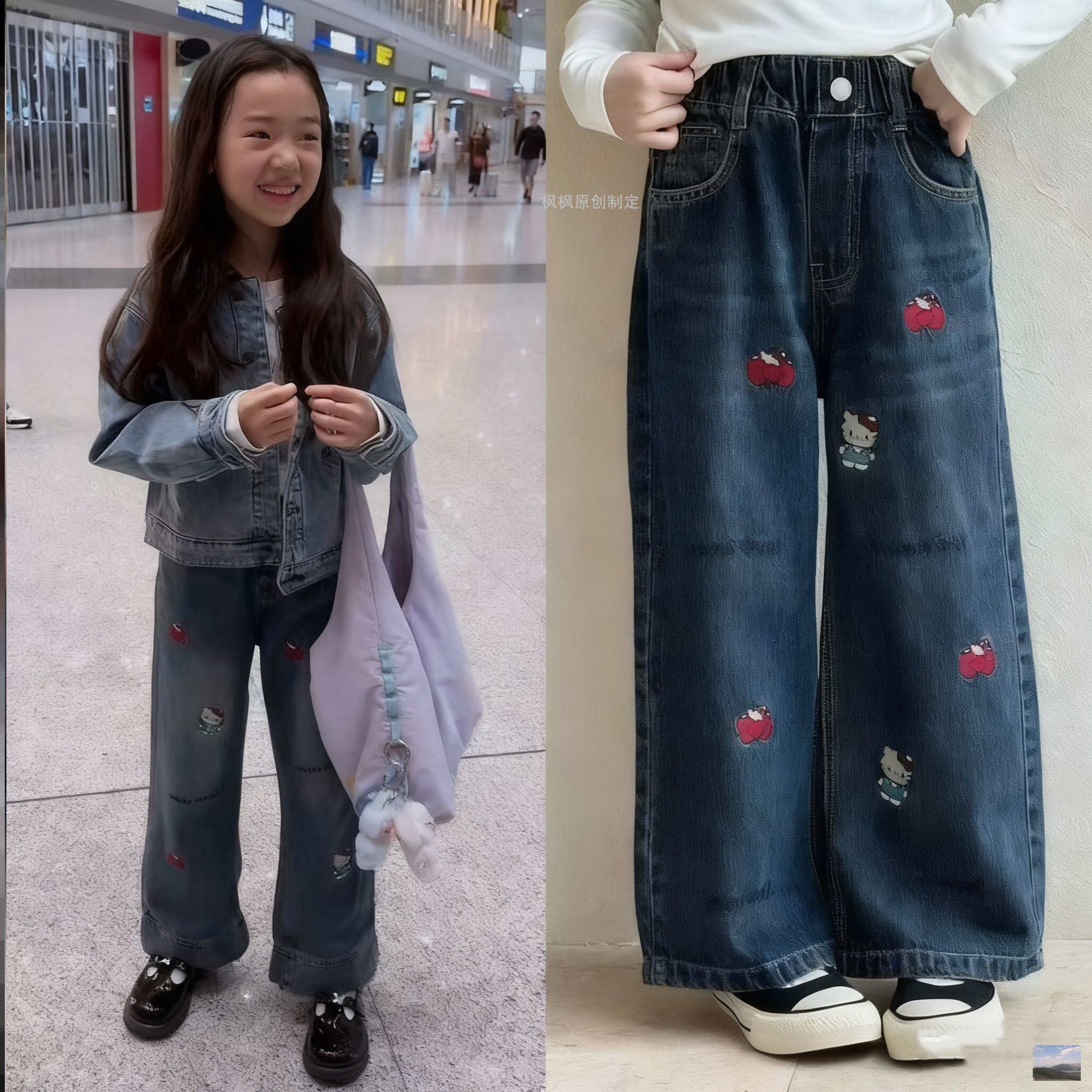 董璇女儿小酒窝同款牛仔裤穿搭女童装中大童上衣卡通裤子衣服套装