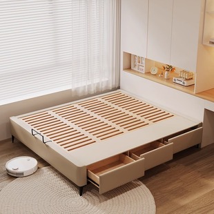 直观家具意式储物无床头床小户型榉木排骨架带抽屉皮艺榻榻米儿童