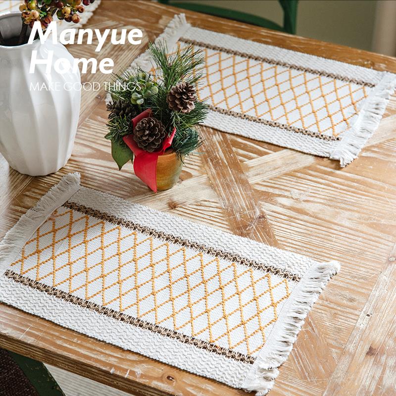 蔓越家北欧复古棉麻桌旗餐垫黄麻撞色编织流苏隔热桌垫拍照背景布