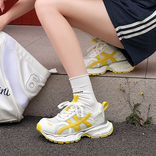 新款 2025夏季 真皮拼接运动鞋 跑步鞋 欧货潮鞋 女网鞋 休闲厚底老爹鞋