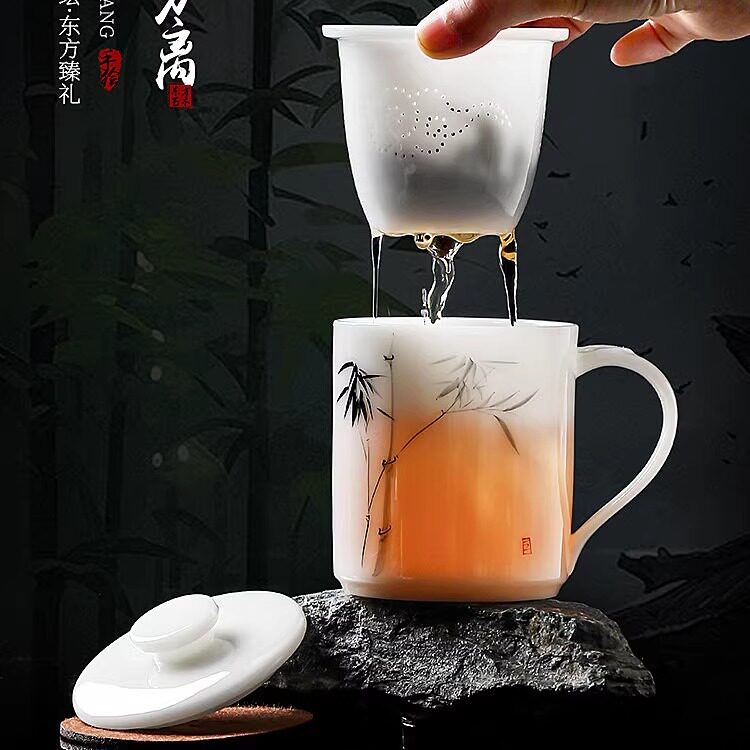 冰种璞玉茶杯手绘大师办公杯礼品