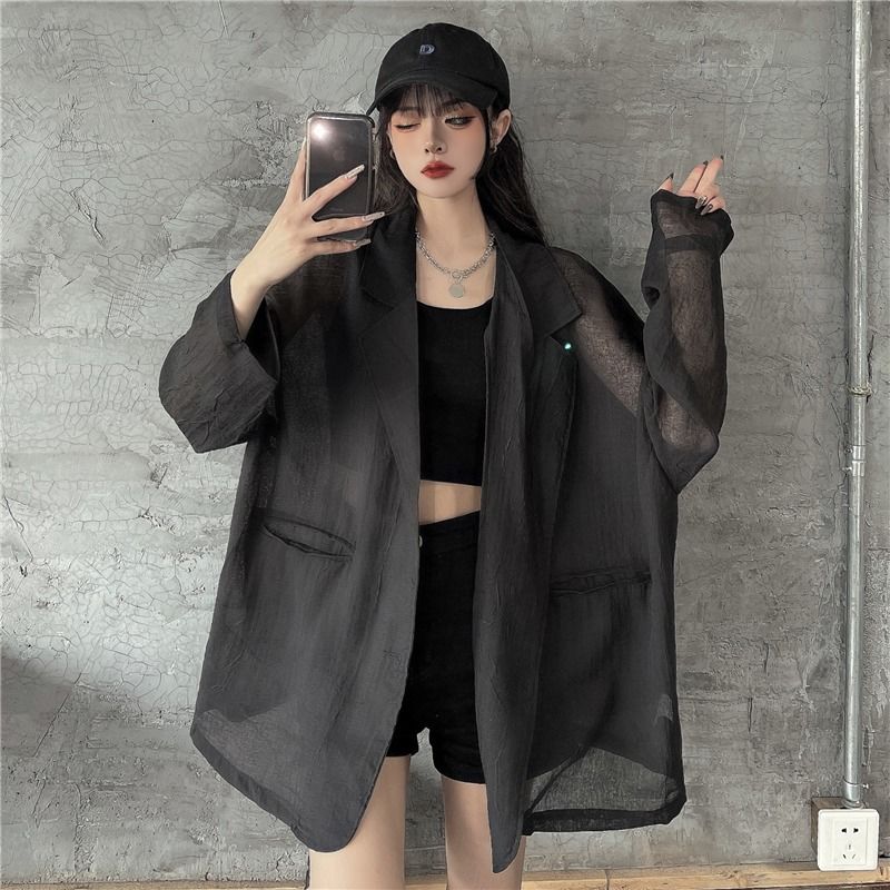 大码胖mm2-300斤夏季薄款西装外套女宽松防晒服暗黑BF风长袖上衣