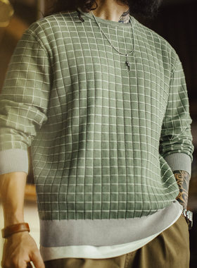 马登工装美式复古格子圆领卫衣格纹绿色长袖T恤套头短款外套男春