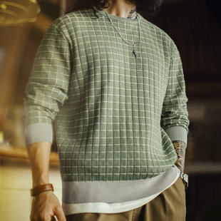马登工装美式复古格子圆领卫衣格纹绿色长袖T恤套头短款外套男春