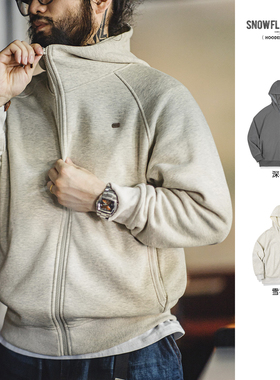 马登工装美式休闲雪花灰连帽卫衣插肩袖加绒拉链运动开衫外套男秋