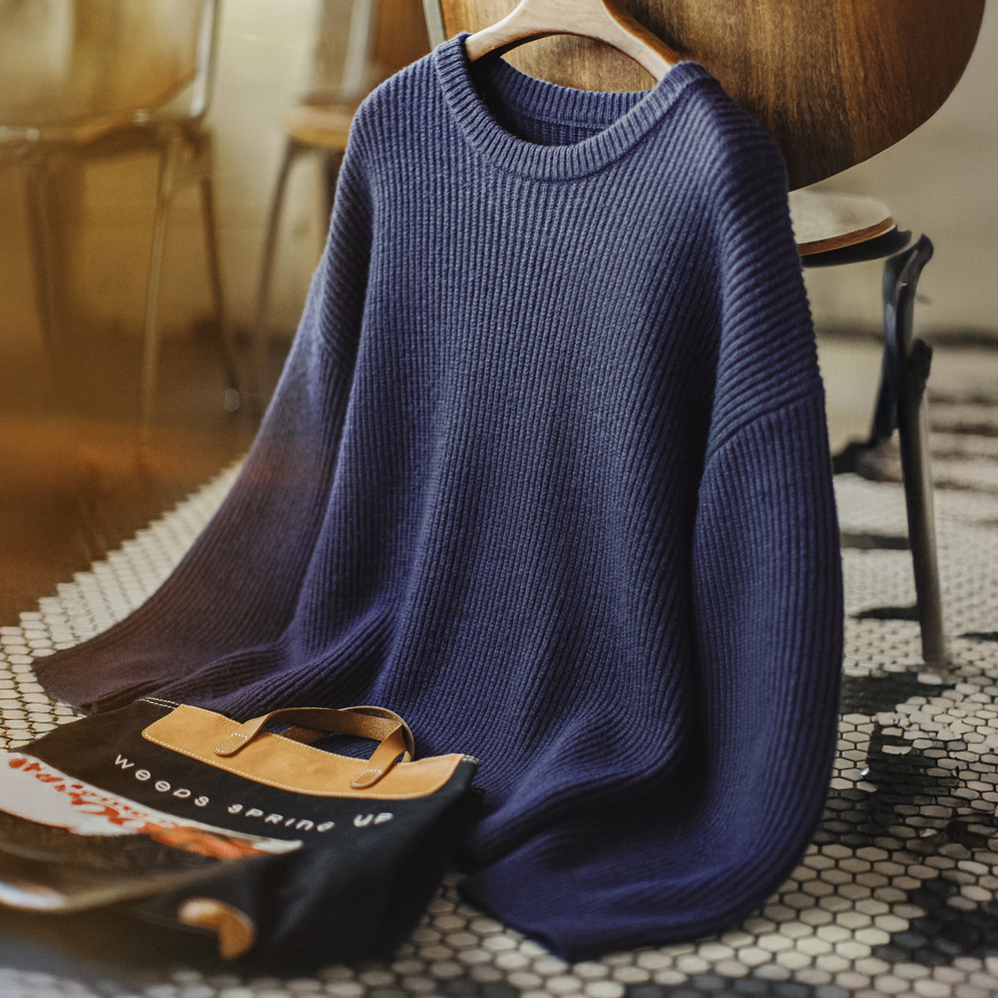 马登工装美式蓝色坑条毛衣圆领套头垂感外穿条纹上衣针织外套男冬