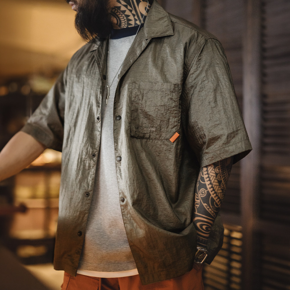 马登工装美式复古山系户外古巴领衬衫肌理感轻薄短袖衬衣男款夏