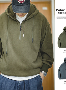 马登工装日系复古军绿色摇粒绒连帽卫衣加绒打底叠穿外套头男春季