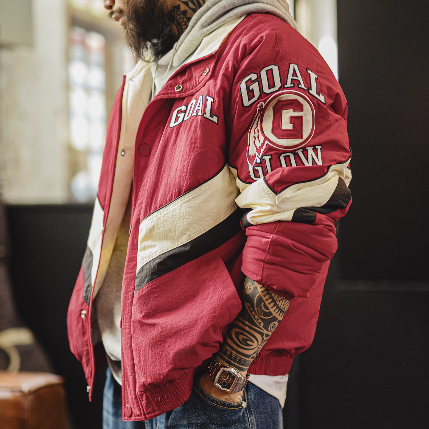 马登工装美式复古拼接撞色赛车夹克红色翻领加厚保暖棉服外套男冬