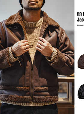 马登工装美式复古B3轰炸机皮衣夹克皮毛一体加绒机车麂皮外套男冬