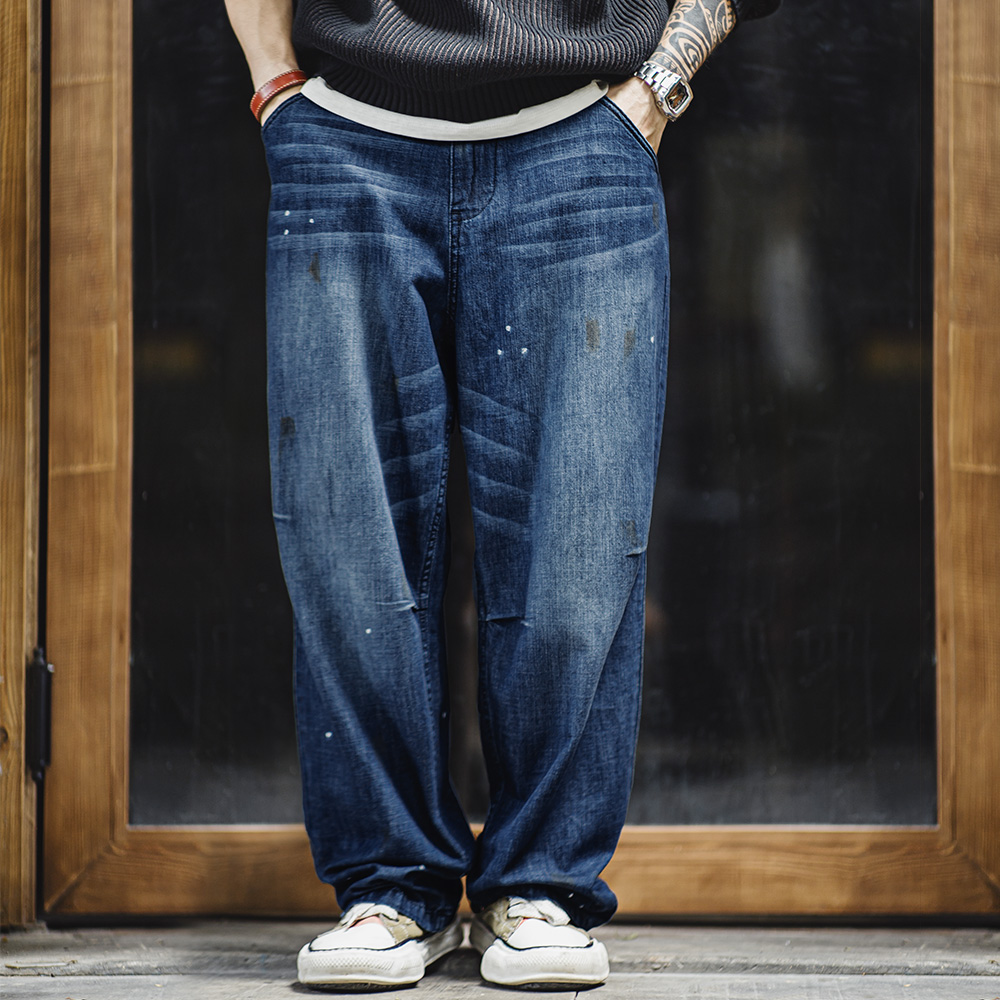 马登工装美式复古做旧磨白牛仔裤