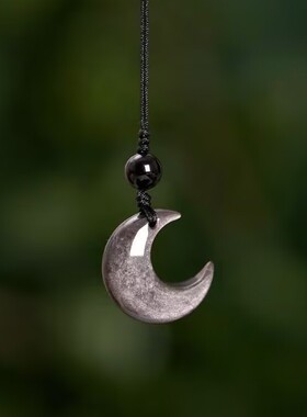天然银曜石月亮项链女吊坠U盘复古夏季简约饰品情侣款月牙防丢链
