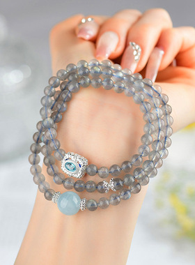 新款天然水晶灰月光石海蓝宝三圈手链经典时尚女手串原创礼物定制
