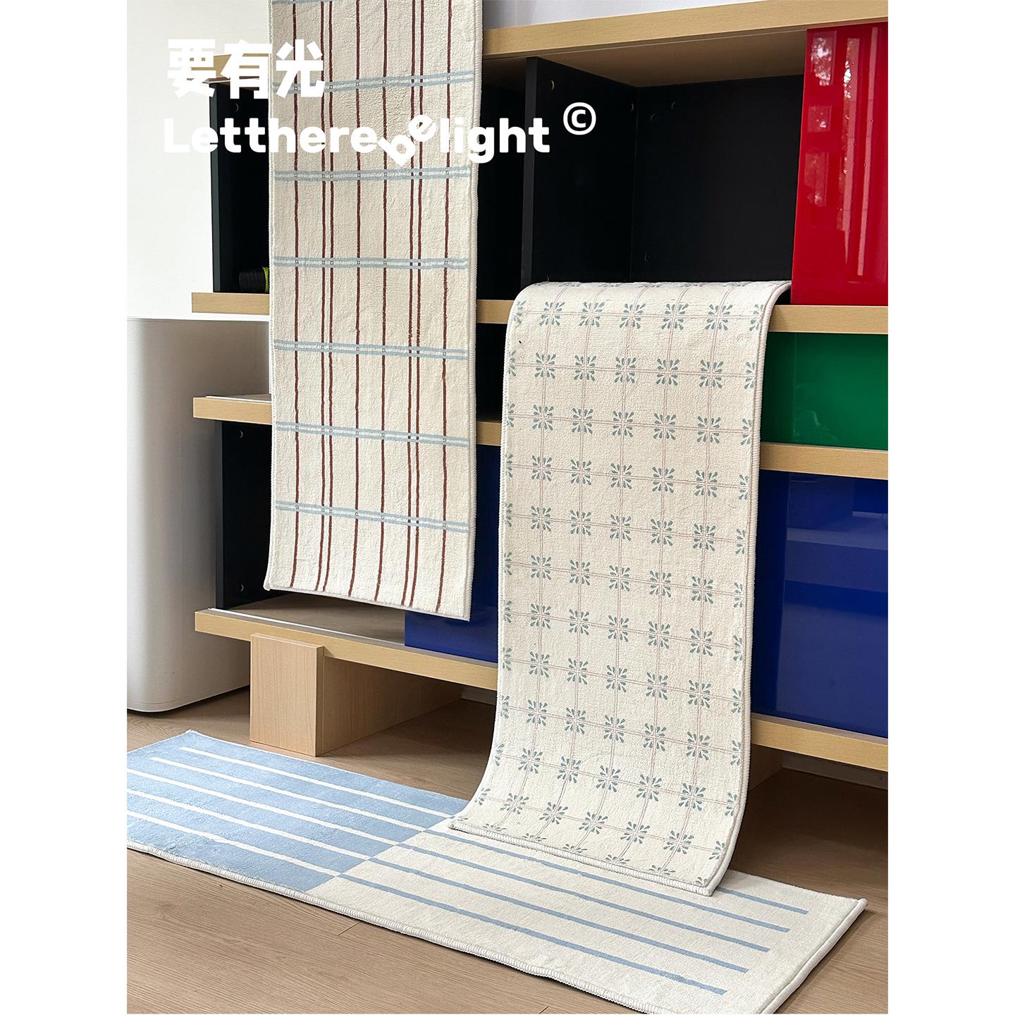 ins风韩式条纹格子吸水浴室垫床边毯化妆室脚垫边几垫门口小地毯