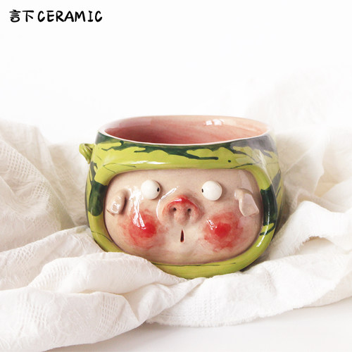 言下新品餐饮具猪猪西瓜碗可爱陶瓷釉下彩手绘创意景德镇饭碗酸奶