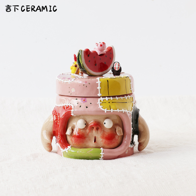 言下餐饮具可爱补丁猪猪杯子带盖马克龙立体稀奇古怪少女礼物手工