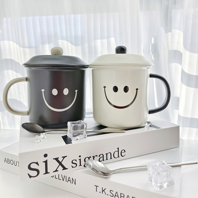 ins风笑脸马克杯陶瓷情侣一对喝水杯子带盖子男女学生咖啡家用办