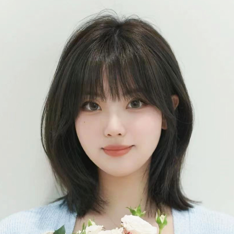 假发短发女真发全真人发丝新款时尚锁骨发自然空气刘海递针全头套