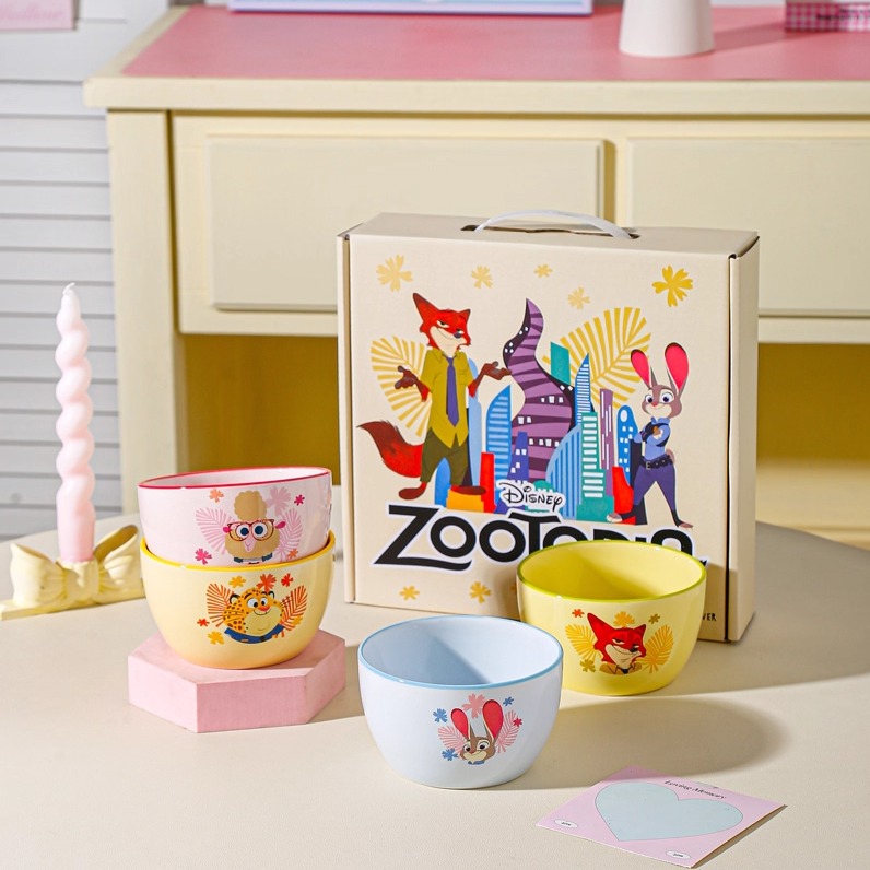迪士尼疯狂动物城缤纷系列陶瓷米饭碗4只装卡通碗套餐礼盒装