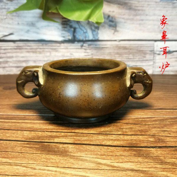 九香缘纯铜香薰炉象鼻耳复古宣德紫铜炉家居室内供奉件彷古铜器