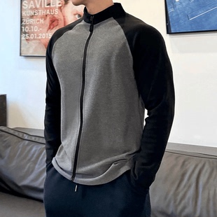 秋冬撞色双面德绒插肩袖 保暖全拉链立领运动高弹健身跑步训练服