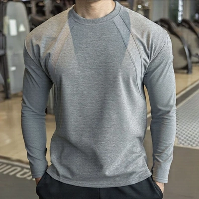 2025秋冬季新款重磅美式解构拼接显壮健身长袖T恤男休闲撸铁上衣